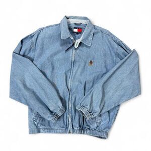 Vintage Tommy Hilfiger Denim Jacket Harrington 90s Crest Logo Full Zip Men Sz L